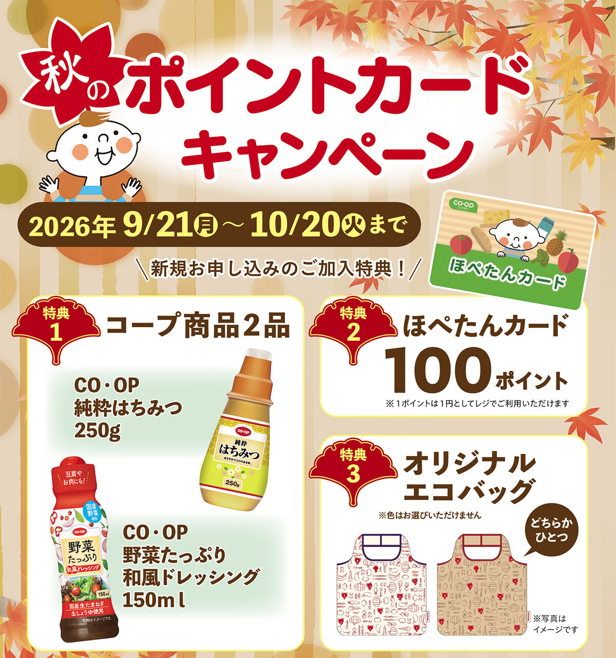 10月20日（火）まで ポイントカードキャンペーン 新規お申し込みの方に!100ポイント さらにコープ商品2つとエコバッグプレゼント